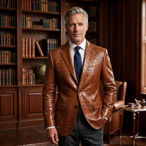 Könnte beinhalten: Ein Mann trägt einen braunen Lederblazer mit Krokodiltextur, ein weißes Hemd und eine marineblaue Krawatte. Der Blazer hat zwei Taschen und einen Ein-Knopf-Verschluss. Im Hintergrund ein Bücherregal aus Holz mit Büchern.