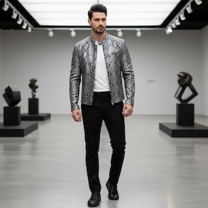 Pode incluir: Casaco prateado e cinzento com padrão de pele de cobra e gola redonda. O casaco é usado sobre uma camiseta branca e calças pretas. A pessoa está usando sapatos pretos. O fundo é uma galeria de arte moderna.