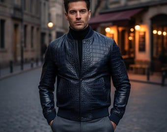 Chaqueta de piel auténtica con estampado de cocodrilo para hombre, estilo lujoso