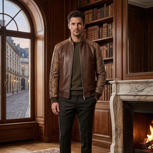 Men's Genuine Leather Bomber Jacket, Python Embossed Sleeves, Two-Tone Designer Coat