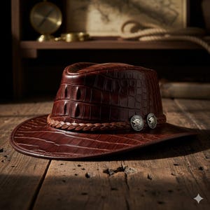May include: A brown leather cowboy hat with a crocodile skin texture. The hat features a braided band and two silver-colored decorative buttons. The hat is sitting on a wooden surface.