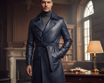 Exotische Straußenleder Lange Mantel Männer Handgemachte Designer Trench Einzigartige Luxus Style Mantel Oberbekleidung