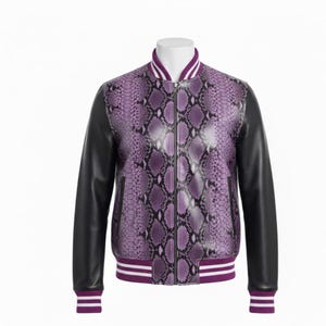 Lila Schlangenprint Leder Bomberjacke - Exotischer Streetwear Herrenmantel