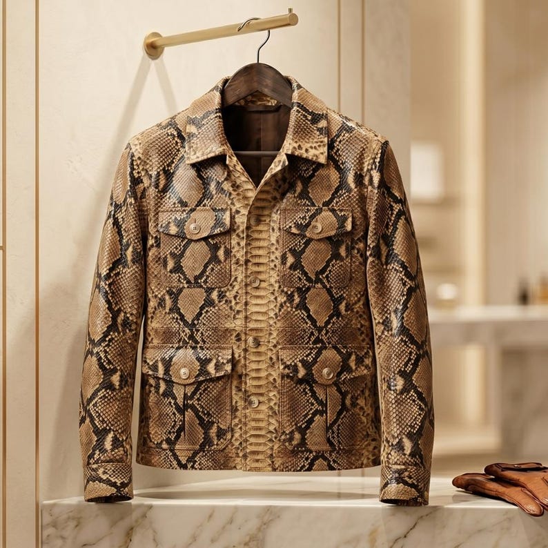 May include: A brown and black snakeskin-patterned jacket with four front pockets and button closures. The jacket hangs on a wooden hanger from a gold-colored rod. The jacket is displayed on a marble surface.