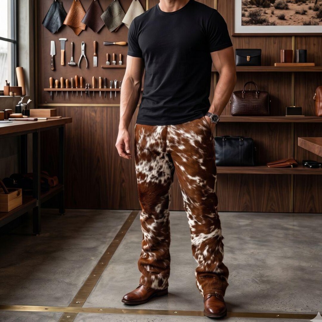 Men's Brown Cowhide Print Leather Pants, Western Cowboy Trousers, Rodeo ...