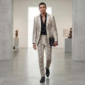 May include: A two-piece suit featuring a beige and grey snakeskin print pattern, consisting of a single-breasted blazer with notched lapels and matching slim-fit trousers. The suit is paired with a black button-down shirt and black leather shoes.