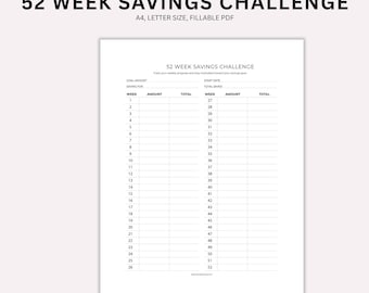 Spaarprogramma voor 52 weken en budgetplanner, invulbare pdf van A4 en US Letter