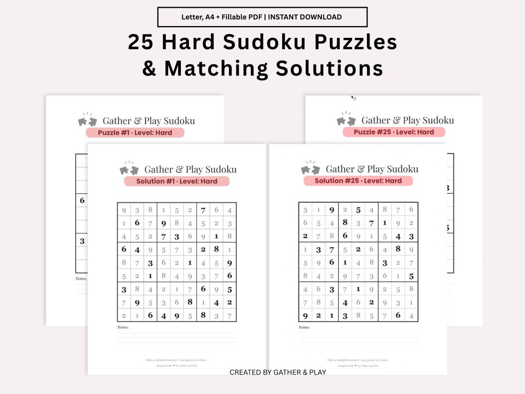 Sudoku Printable PDF 25 Hard Puzzles Fillable Sudoku Digital Download