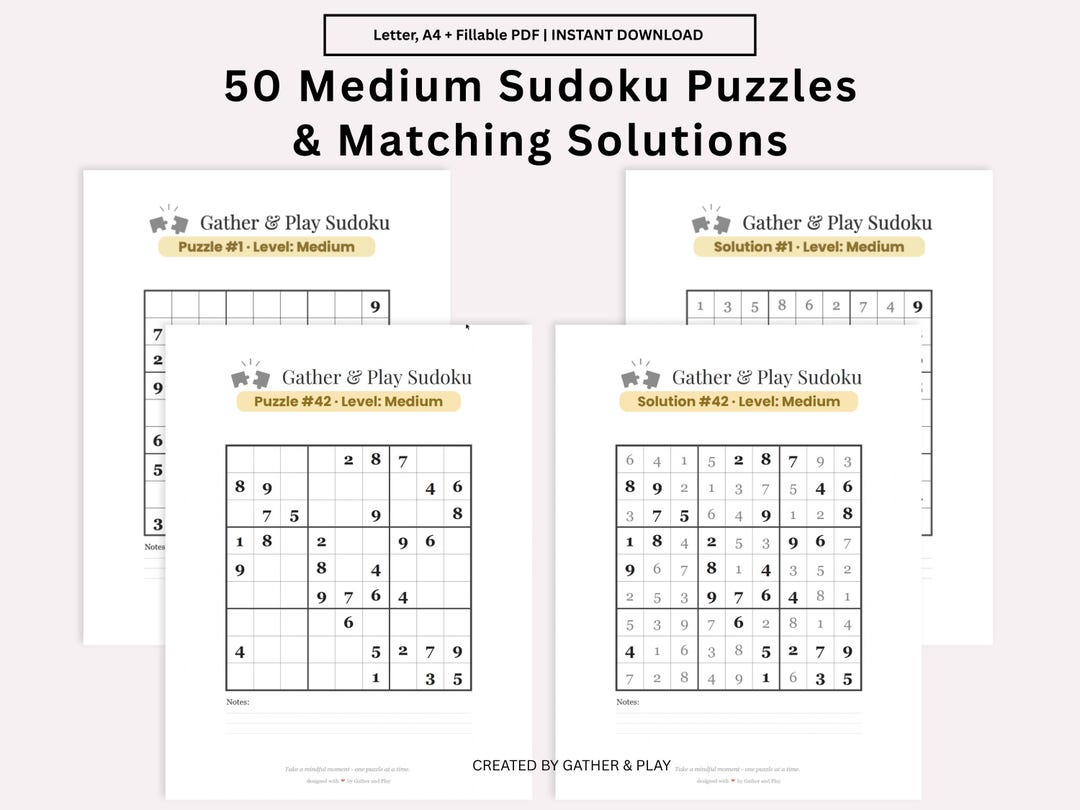 50 Medium Sudoku Puzzles | Fillable PDF, Answer Key (digital Download