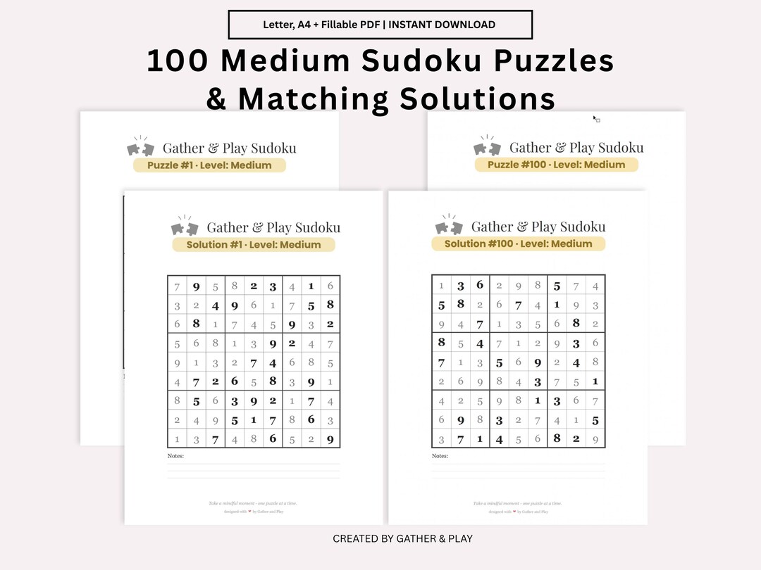 Sudoku Printable PDF 100 Medium Puzzles Fillable Sudoku Answer Key ...