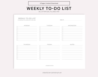Weekly 5 Day To-Do List and Planner, A4 and US Letter with Fillable PDF