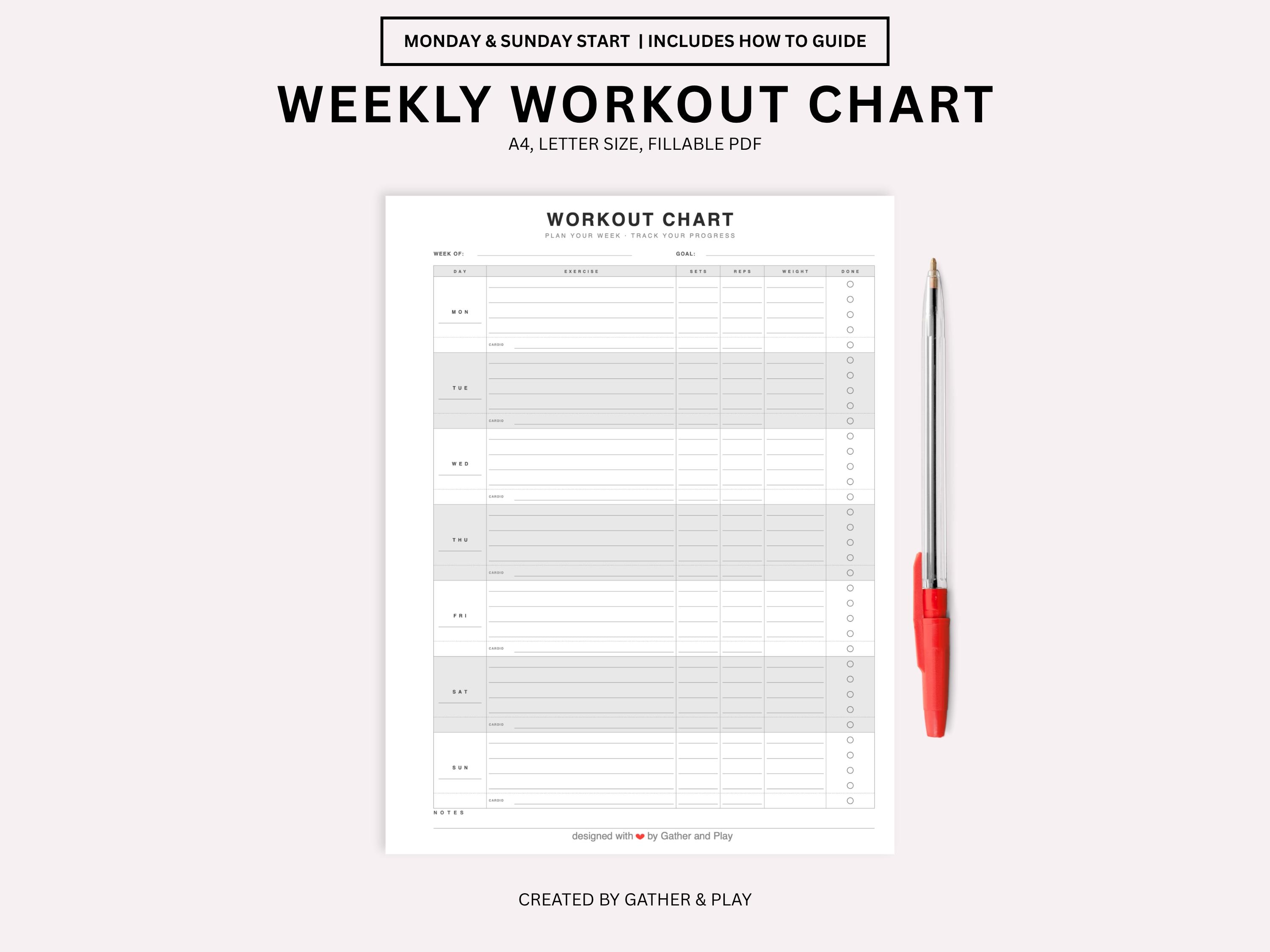 Splitz Chart Weekly Workout Chart PDF | Fillable Gym Diary Planner | Exercise Log ...