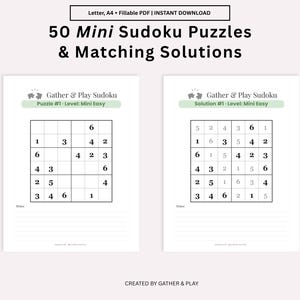May include: Two white pages with Sudoku puzzles and solutions. The left page shows a puzzle grid with numbers, and the right page displays the solution. The text at the top reads "50 Mini Sudoku Puzzles & Matching Solutions."