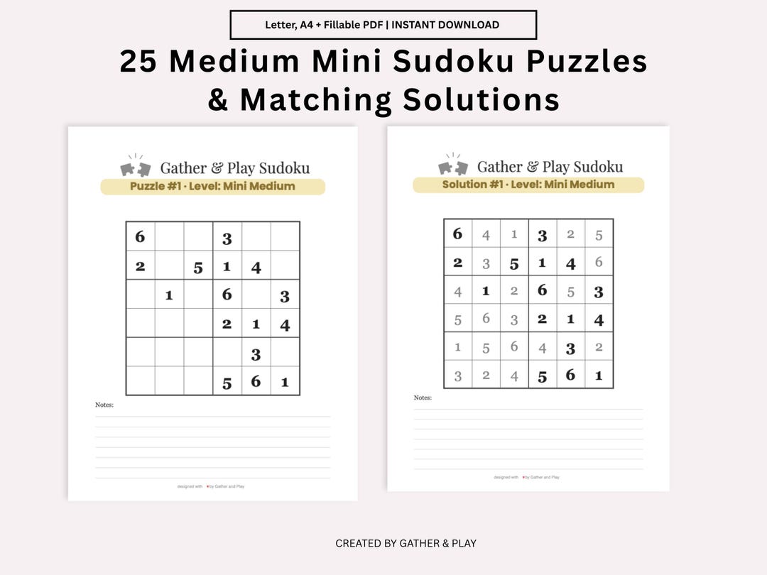 Mini Sudoku 6x6 Medium 25 Puzzles Printable Brain Game for Children ...