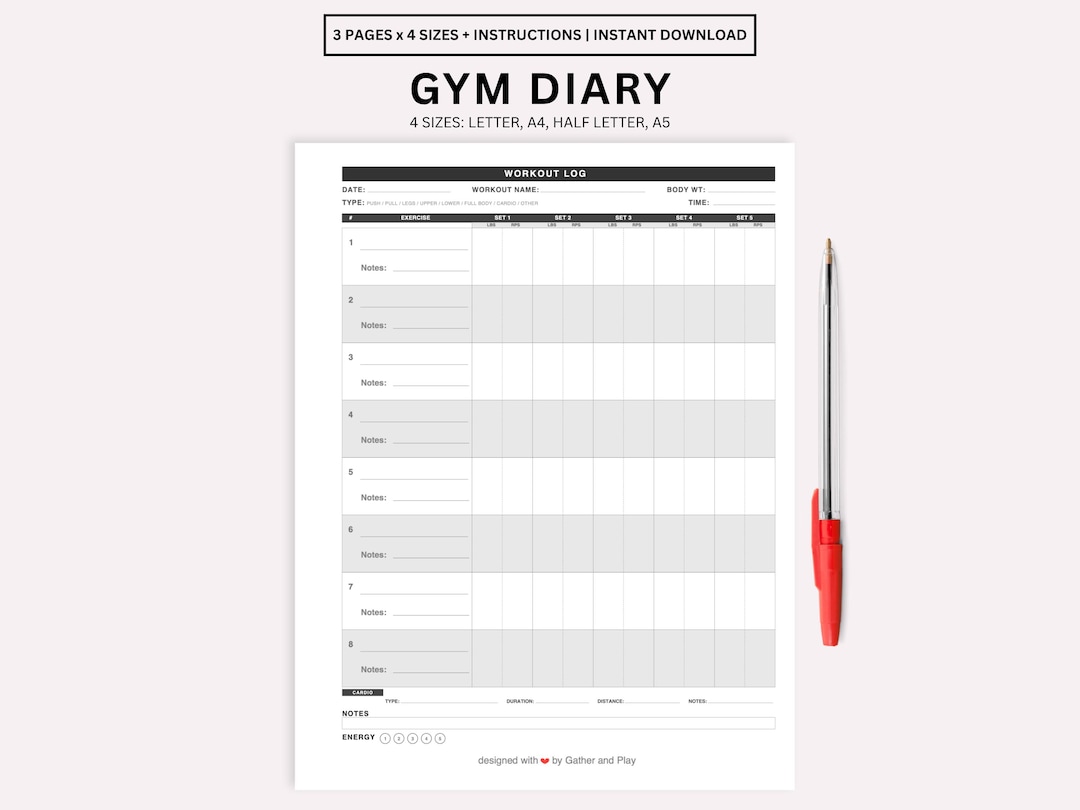 Gym Diary Workout Log | Fitness Goals, Personal Records (fillable PDF ...