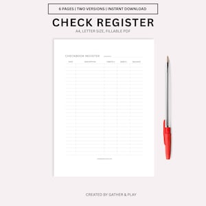 May include: A white check register with a red pen on a light pink background. The register includes columns for date, description, credits, debits, and balance. Text at the top reads "CHECK REGISTER" and "A4, LETTER SIZE, FILLABLE PDF".