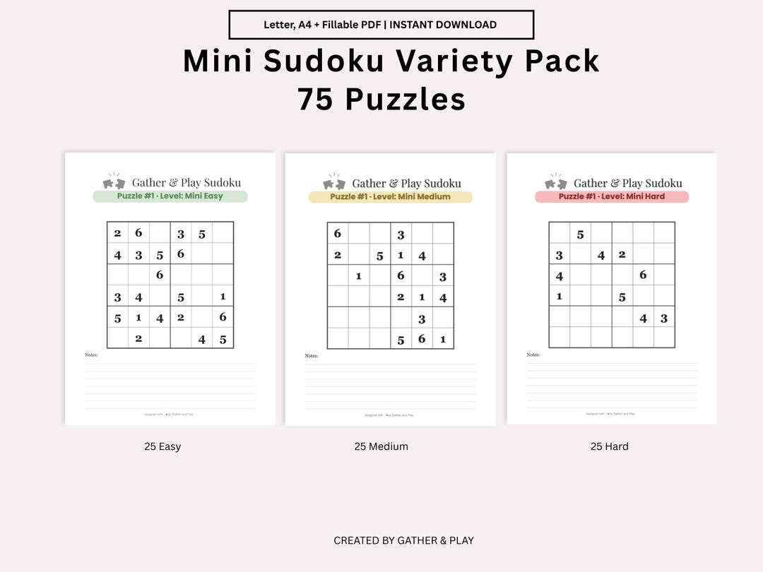 Mini Sudoku Variety Pack 75 Puzzles | Easy, Medium, Hard (fillable PDF ...