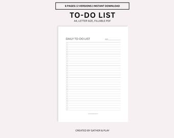 Könnte beinhalten: Eine weiße, druckbare To-Do-Liste mit dem Text "TO-DO LIST" oben. Die Liste ist für den täglichen Gebrauch konzipiert und enthält ein Feld für das Datum. Das Dokument ist A4 und Letter-Format, ausfüllbares PDF. Das obere Banner lautet "6 SEITEN | 2 VERSIONEN | SOFORT-DOWNLOAD".