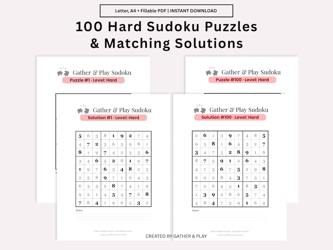 Sudoku Printable PDF 100 Hard Puzzles Answer Key Included Brain Game - Etsy