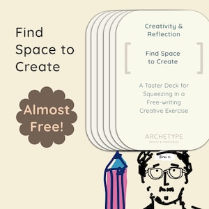 May include: A deck of cards with rounded corners, featuring the text "Creativity & Reflection" and "Find Space to Create." The cards are stacked next to a drawing of a person with glasses and a pencil. The words "Almost Free!" are also visible.