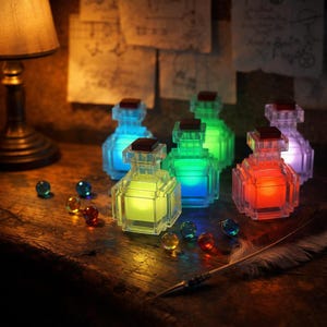 May include: Six pixelated potion bottles with glowing interiors in various colors: blue, green, yellow, red, and purple. The bottles are arranged on a wooden surface with colorful marbles and a feather quill.