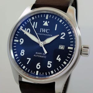 May include: A stainless steel IWC Mark XX automatic watch with a dark blue dial, white numerals, and luminous hands. The watch features a date window at the 3 o'clock position and a brown leather strap.