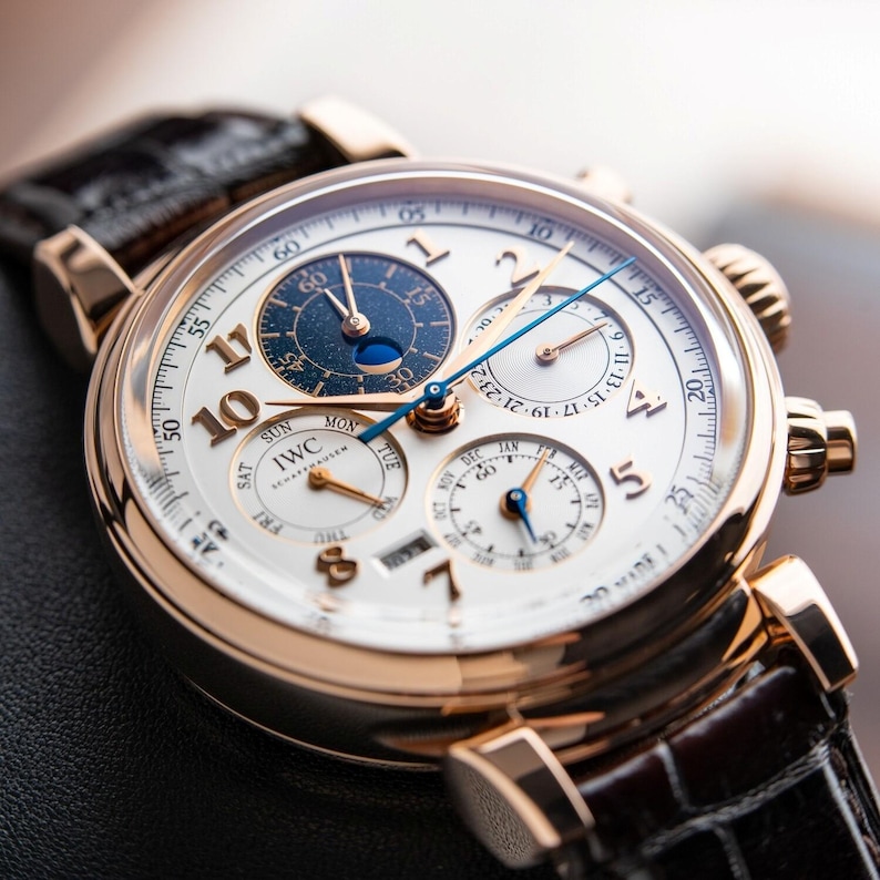 K&ouml;nnte beinhalten: Eine luxuri&ouml;se Armbanduhr mit wei&szlig;em Zifferblatt, goldfarbenem Geh&auml;use und schwarzem Lederarmband. Die Uhr verf&uuml;gt &uuml;ber mehrere Hilfszifferbl&auml;tter, darunter eine Mondphasenanzeige, und goldfarbene Zeiger. Das Zifferblatt zeigt das IWC Schaffhausen Logo.