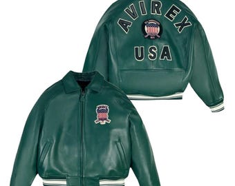 Handmade Green Leather Bomber Jacket – Retro Avirex Flight Jacket