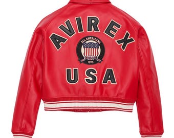 Chaqueta Avirex roja con top corto hecha a mano: estilo bomber corto de piel de vaca auténtica / estilo urbano retro