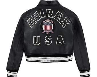 Handgefertigte Avirex Cropped Top Black Icon Jacke - Echtes Rindsleder Kurz geschnittene Bomberjacke | Retro Streetwear