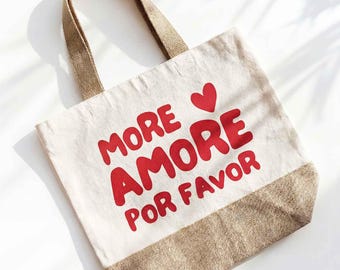 Jute bag "More Amore por favor", gift for girlfriend, gift idea, gift for mom, statement tote bag, jute and cotton shopping bag