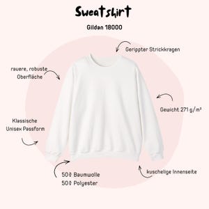May include: A white Gildan 18000 sweatshirt with long sleeves and a ribbed collar. The text includes 'Sweatshirt', 'Gildan 18000', 'rauere, robuste Oberfl&auml;che', 'Gerippter Strickkragen', 'Gewicht 271 g/m&sup2;', 'Klassische Unisex Passform', '50% Baumwolle 50% Polyester', and 'kuschelige Innenseite'.
