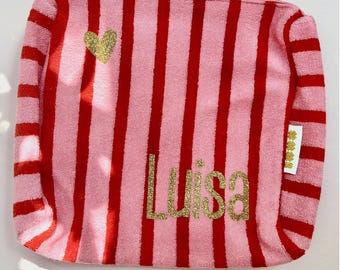 Personalized cosmetic bag with name, gold, terry cloth look, red and pink, gift for girlfriend, women's cosmetic bag, case