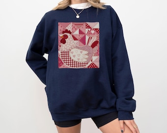 Patchwork Chicken Sweatshirt, Faux Quilt Crewneck, Farm Animal Pullover