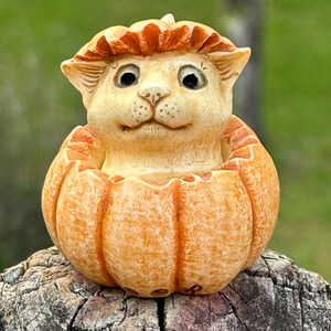 May include: A ceramic figurine of a cat-like creature emerging from a pumpkin. The figurine is painted in shades of orange and tan, with detailed facial features and a whimsical design. The pumpkin has vertical ridges.