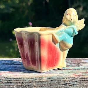 Shawnee Blue Elf Pixie Sprite Fairy Hanging Off the Side of Red Square Planter USA 536 Farmhouse Inspired Succulent Planter Pot