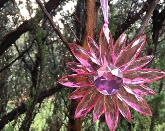 Translucent Pink Flower Mobile Piece, Clear Acrylic Sun Catcher, Hanging Pink Flower Ornament, Fun Gift Box Decoration, Fairy Garden Art