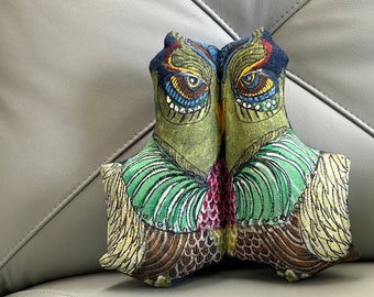 Owl Pillow Colorful OOAK Hand Painted on Denim Unusual but Very Cool Owl Throw Pillow Owl Cushion