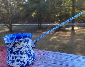 Blue Enamel Butter Warmer, Blue White Graniteware Pot, Turkish Coffee Ladle Pot, Enamelware Retro Modern, Succulent Pot, Farmhouse Kitchen