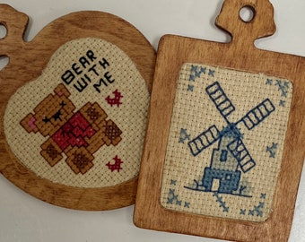 2 Cross Stitched Ornaments Wood Framed Wall Hanging Teddy Bear Windmill Farmhouse Inspired Gallery Wall Hand Made Needlework Wall Art