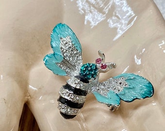 Rhinestone Bee Brooch, Bumble Bee Scatter Pin, Turquoise Silver Wings Black Stripes, Pink Rhinestone Eyes, Fun Unusual and Collectible