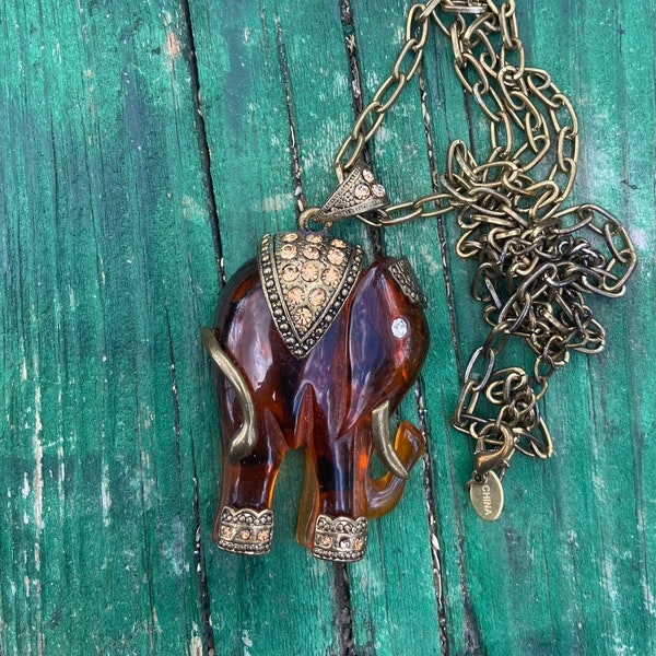 Elephant Pendant 17 1/2" Necklace Honey Color Rhinestone Brasstone Accents Hard Plastic Elephant Long Linked Chain Lobster Clasp Kitschy Fun