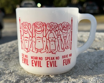 Vintage Federal Glass Monkey Milk Glass Mug See No Evil Hear No Evil Say No Evil Kitschy Gift Idea