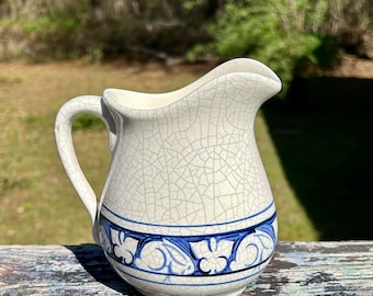 Dedham Pottery Rabbit Water Pitcher by The Potting Shed Blue on White Crackle Cream Pitcher Creamer Farmhouse Inspired Kitchen