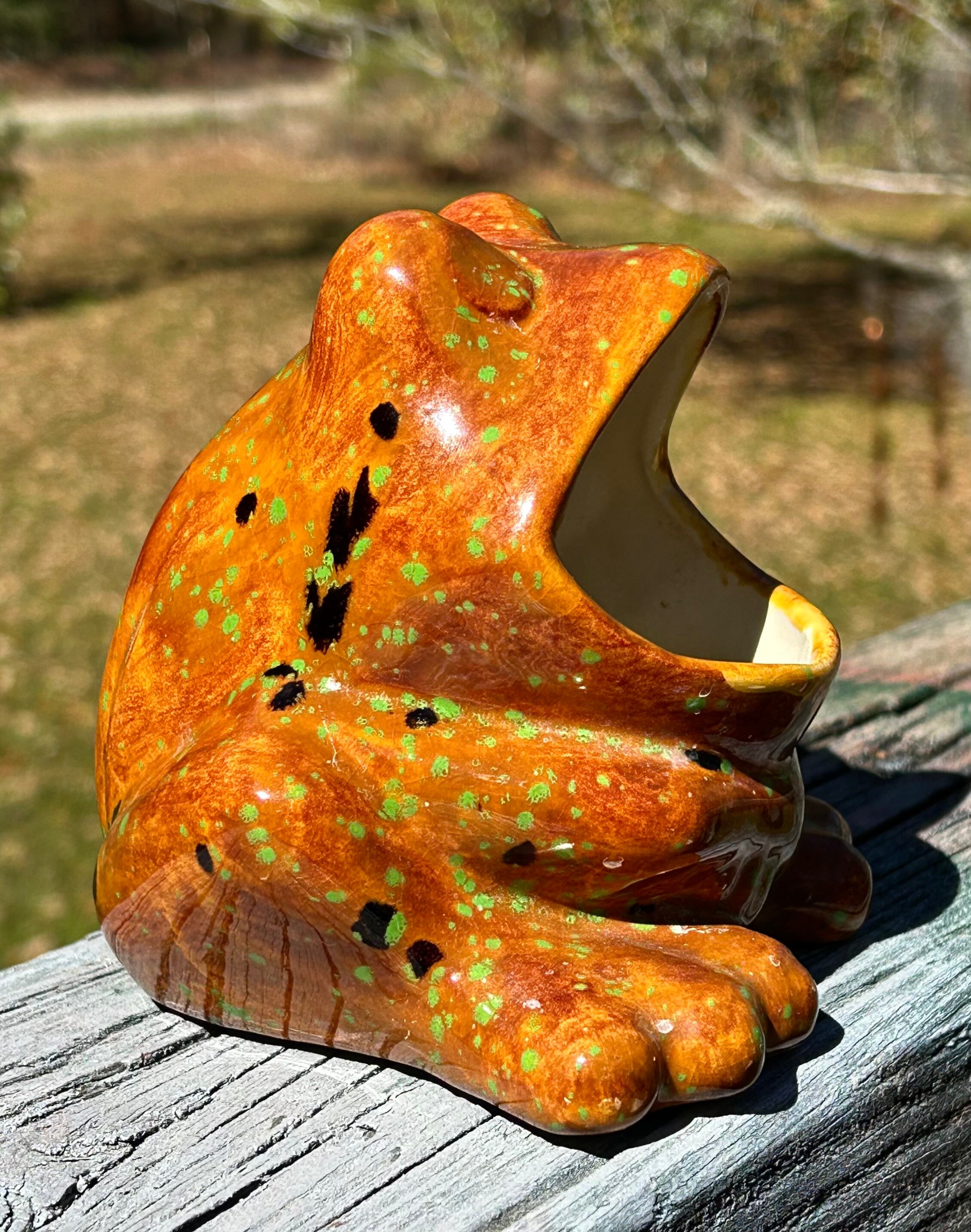 Vintage 70's Green And Yellow Speckled Ceramic Frog Sponge Holder Big Mouth  Retr