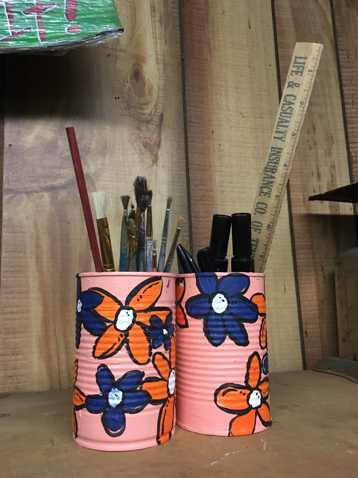 2 Painted Tin Can Planters Primitive Tin Can Flower Vase Etsy