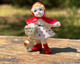 2" Little Red Riding Hood Figurine Vintage Japan Bone China Miniature Old World Fairy Tale Figure