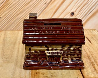 Vintage Brown Log Cabin Bank for Lincoln Pennies Redware Log Cabin Change Collectible Bank Fun Farmhouse Inspired Tiered Tray Decor