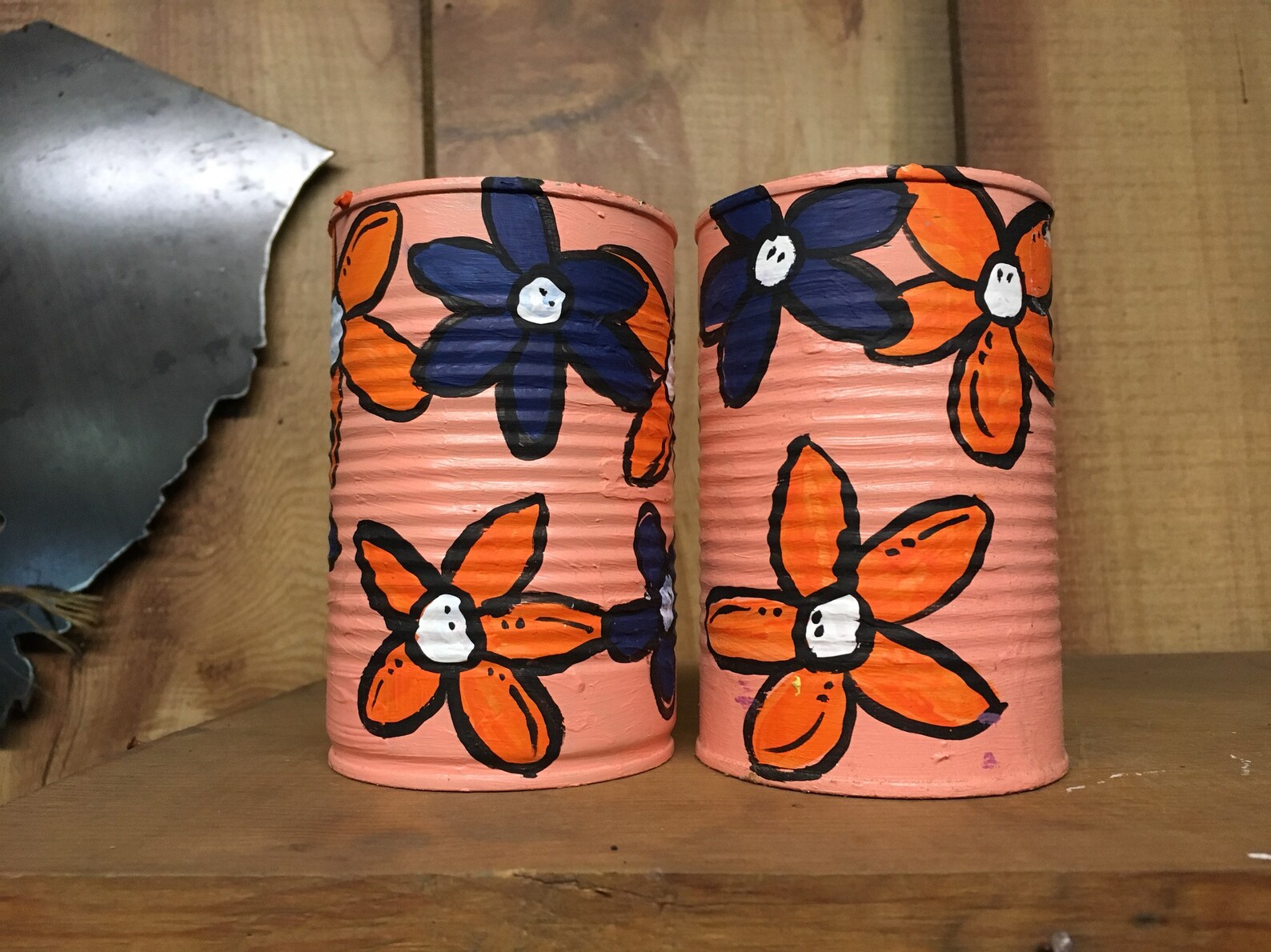 2 Painted Tin Can Planters Primitive Tin Can Flower Vase Etsy