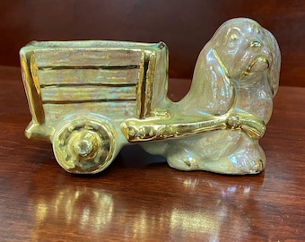 Dog with Cart Planter Spaniel Dog Puppy Dog Figurine Gold Ceramic Planter Mid Century Succulent Pot Kitsch Dog Planter